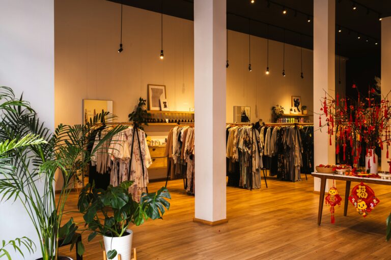 Clothing store with organized displays.